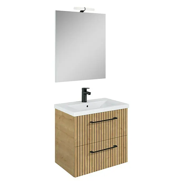 Riva Compact Badmöbel-Set - Gesamtbreite Badmöbel: 61,7 cm, Hamilton Eiche - Modernes Badezimmerset mit Unterschrank in Holzoptik, Aufsatzwaschbecken und Spiegel mit Beleuchtung für stilvolle Bäder.
