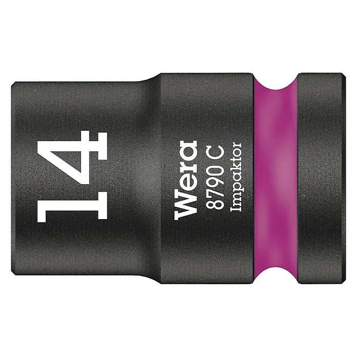Wera Steckschlüsseleinsatz 8790 C - Schlüsselweite: 14 mm, Antriebsgröße: ½″ - Das Bild zeigt einen Wera 8790 C Impaktor-Steckschlüssel in Schwarz mit der Aufschrift "14" und einem violetten Ring. Ein robustes Werkzeug für den professionellen Einsatz.
