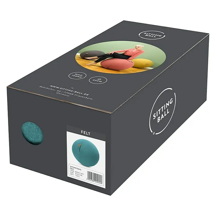 Sitting Ball Gymnastikball Felt - Aquarius, Durchmesser: 65 cm, 100 % Polyester - Karton eines Sitzballs aus Filz, Farbe Petrol, mit Produktinformationen und Abbildungen.