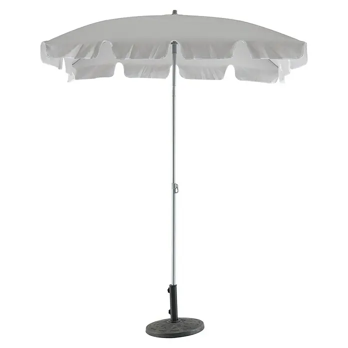 Sunfun Balkonschirm Messina II - Lichtgrau, Bespannungsmaß (L x B): 180 x 120 cm - Grauer Strandschirm mit wellenförmigem Rand und einem stabilen Standfuß, der idealen Sonnenschutz bietet.