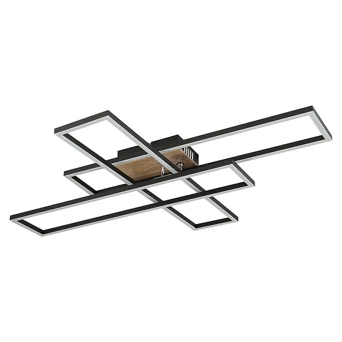 Globo LED-Deckenleuchte Dakari - 40 W, L x B x H: 80 x 60 x 10 cm, Schwarz/ Braun, Warmweiß - Moderne LED Deckenleuchte mit schwarzem Rahmen und Holzakzent, ideal für stilvolle Innenräume.