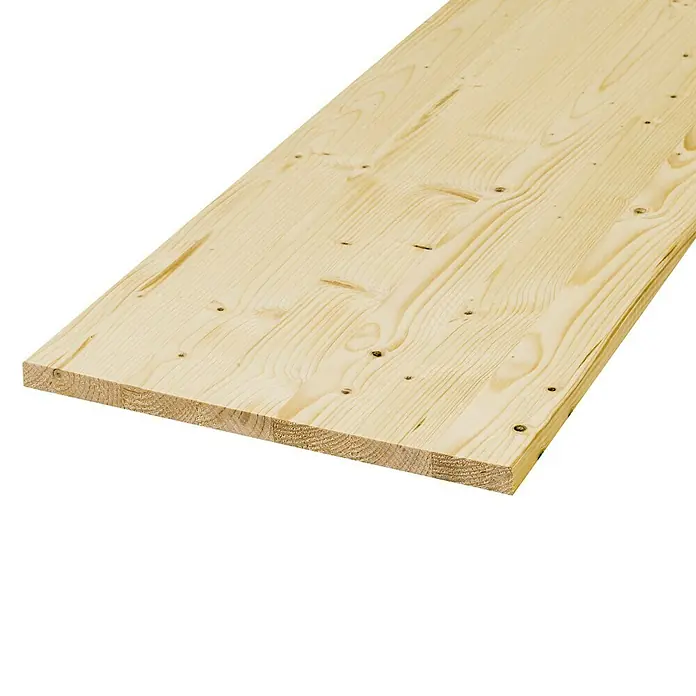 Exclusivholz Leimholzplatte - Fichte, Qualitätsstufe Leimholzplatte: A/B, 1.200 x 300 x 18 mm - Nahaufnahme eines hellen, unbehandelten Fichtenholzbretts mit gut sichtbarer Maserung und einigen Astlöchern auf schwarzem Hintergrund.