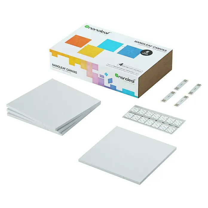 Nanoleaf Erweiterungskit Canvas 4 Panels - 4 Stk., 4 W, Weiß, RGBW, Canvas, Smart Home-fähig: Ja - Ein Nanoleaf Canvas Erweiterungsset mit vier weißen Quadraten, Verbindungsstücken und Klebestreifen. Die Box ist im Hintergrund sichtbar.