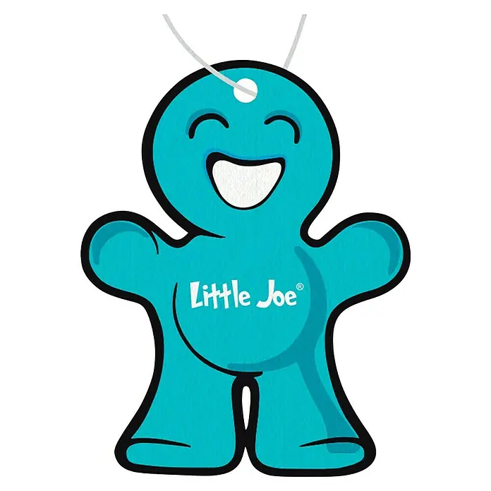 Ambientador de coche Little Joe - New Car, Turquesa, 8 sem. - Un primer plano de un ambientador Little Joe, con la forma de una figura de dibujos animados azul sonriente con detalles blancos y un contorno negro.