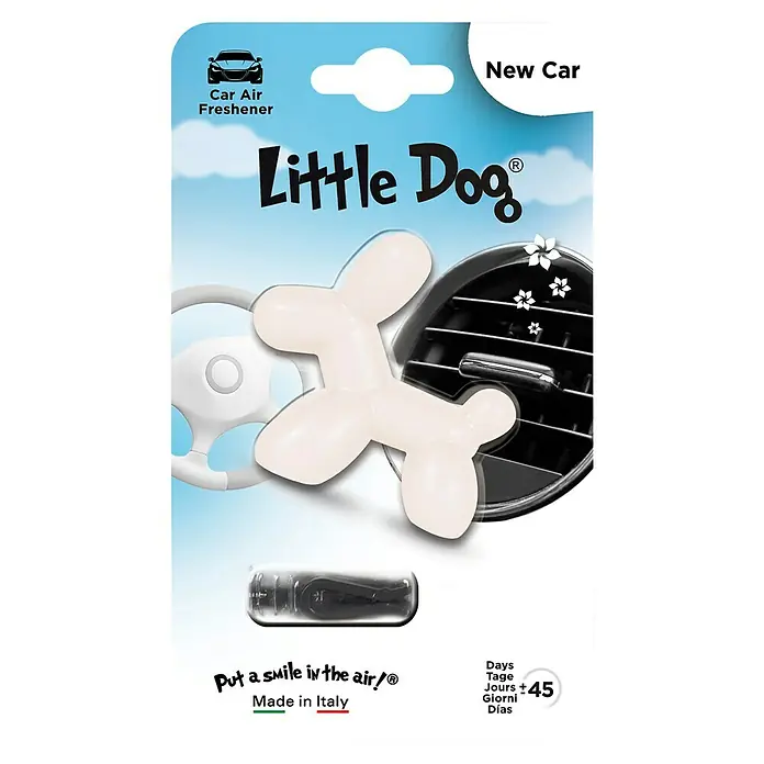 Ambientador de coche Little Dog - New Car, Blanco - Ambientador para coche Little Dog "New Car" con forma de perro globo, asegura un aroma fresco y buen humor en el coche.