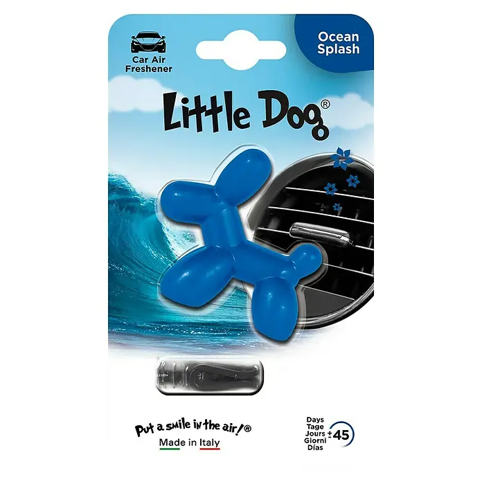 Ambientador de coche Little Dog - Ocean, Azul - Imagen de un ambientador para coche Little Dog Ocean Splash con forma de perro, diseñado para refrescar el aire dentro de tu coche.
