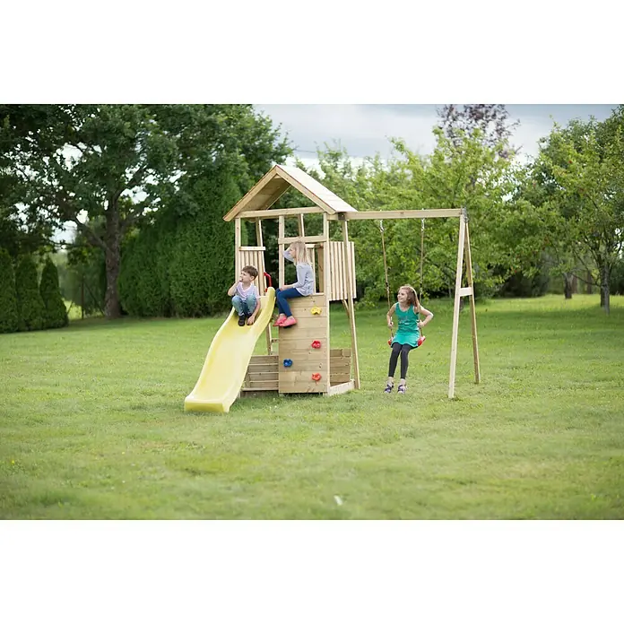 Wendi Toys Kinderspielturm Biene - Natur/Gelb - Kinder vergnügen sich auf einem Holzspielplatz mit Rutsche, Kletterwand und Schaukel. Ideal für Spaß im Freien.