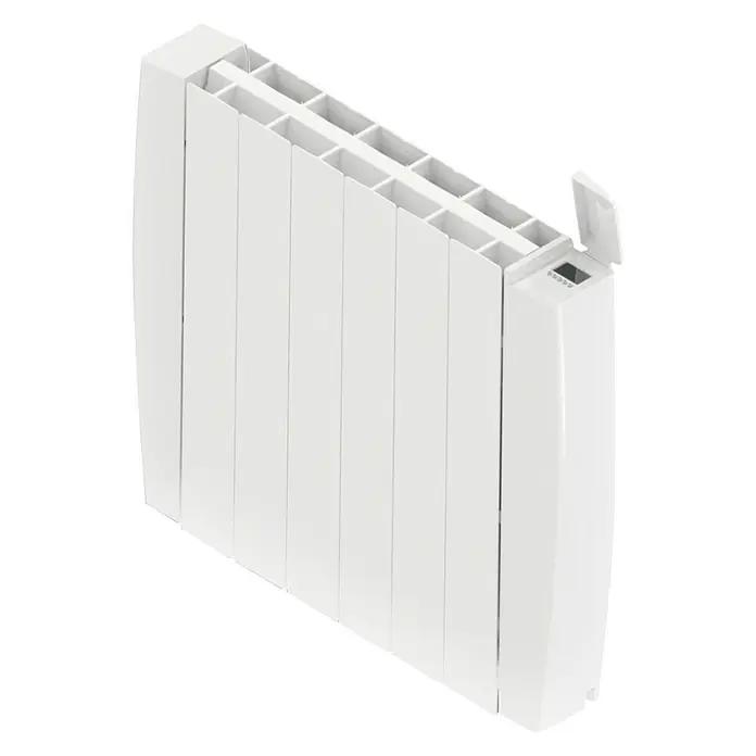 HJM Emisor térmico Optima - 1.000 W, Blanco, 9,5 x 59,9 x 58 cm, Cerámico - Primer plano de un radiador blanco con múltiples aletas y un panel de control digital.