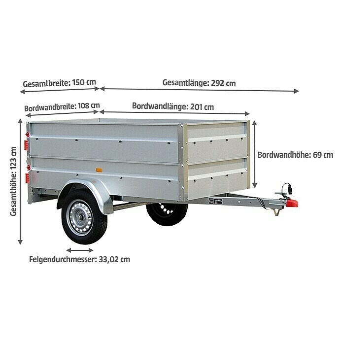 Stema Anhänger Basic 750 mit BordwandaufsatzNutzlast: 601 kg, Einachser, Kasteninnenmaß: 201 x 108 x 33 cm ohne Bordwandaufsatz, Ungebremst Diagonal View