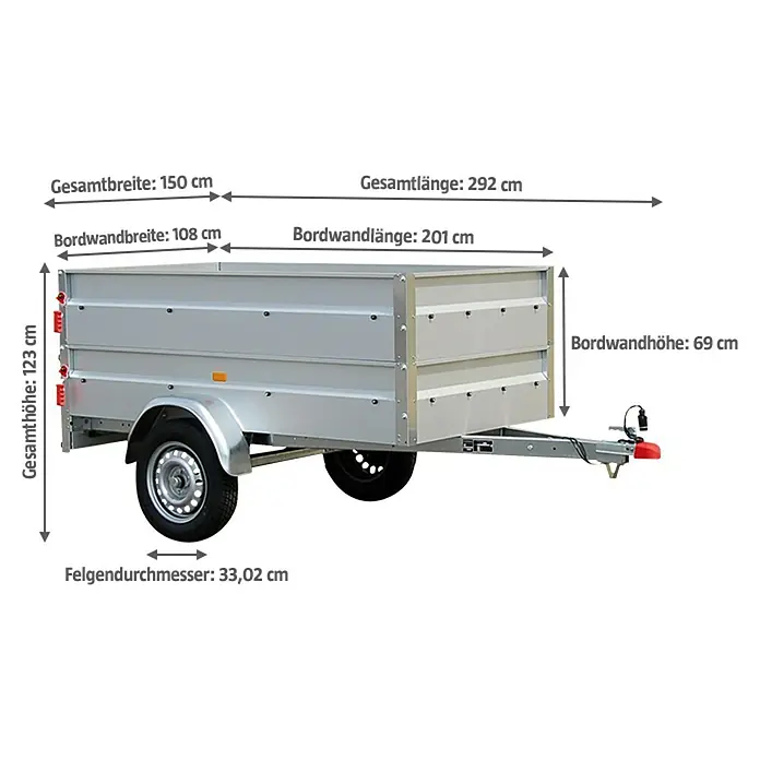 Stema Anhänger Basic 750 mit Bordwandaufsatz - Nutzlast: 601 kg, Einachser, Ungebremst - Abbildung eines PKW-Anhängers mit nützlichen Maßangaben für interessierte Käufer, silberfarben und robust.