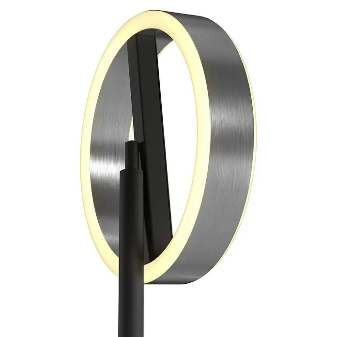 Tween Light Lámpara de pie LED Orlando - Altura: 180 cm, Cromo, Cromo, Blanco cálido - Primer plano de una moderna lámpara de pie LED circular con marco de metal cepillado y luz cálida.