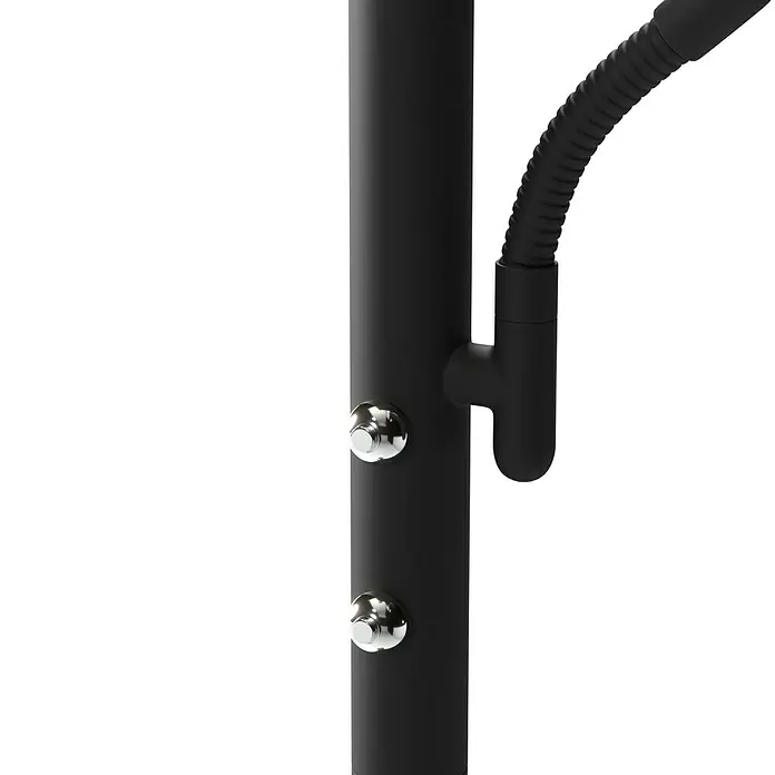 Tween Light LED-Stehleuchte Orlando - Höhe: 180 cm, Sandschwarz, Chrom, Warmweiß - Detailaufnahme einer schwarzen Stehlampe mit flexiblem Arm und zwei silberfarbenen Knöpfen zur Bedienung.