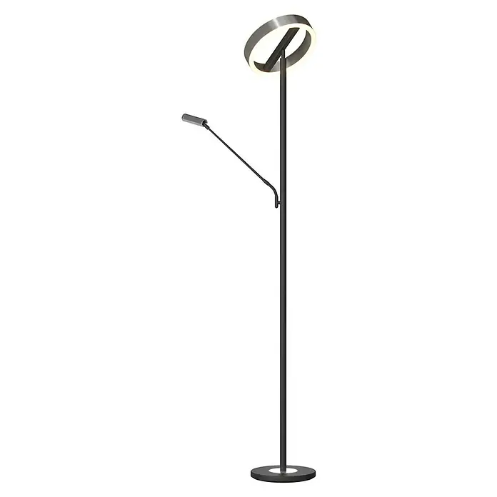 Tween Light LED-Stehleuchte Orlando - Höhe: 180 cm, Sandschwarz, Chrom, Warmweiß - Stehleuchte mit zwei Lichtquellen: einem kreisförmigen Hauptlicht und einer seitlichen Leselampe. Elegantes, modernes Design.