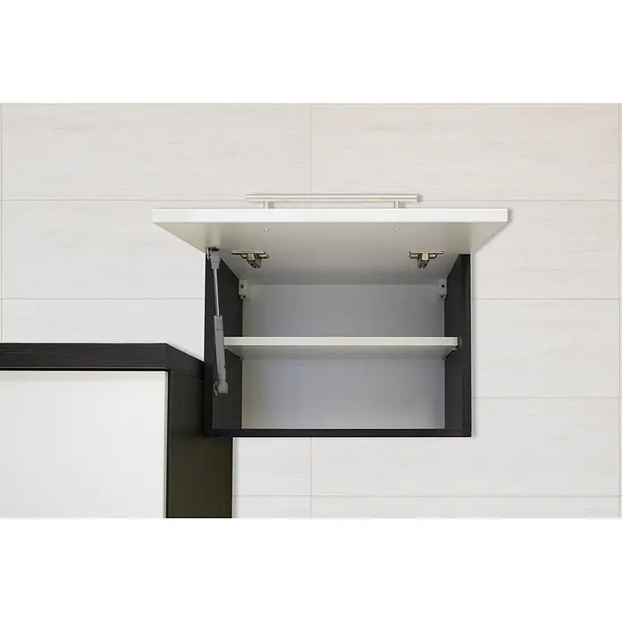 Respekta Premium Cocina de isla Amanda - Ancho: 310 cm, Roble/Negro, Con electrodomésticos - Gabinete blanco abierto con marco oscuro y estante, soportado por un amortiguador de gas.