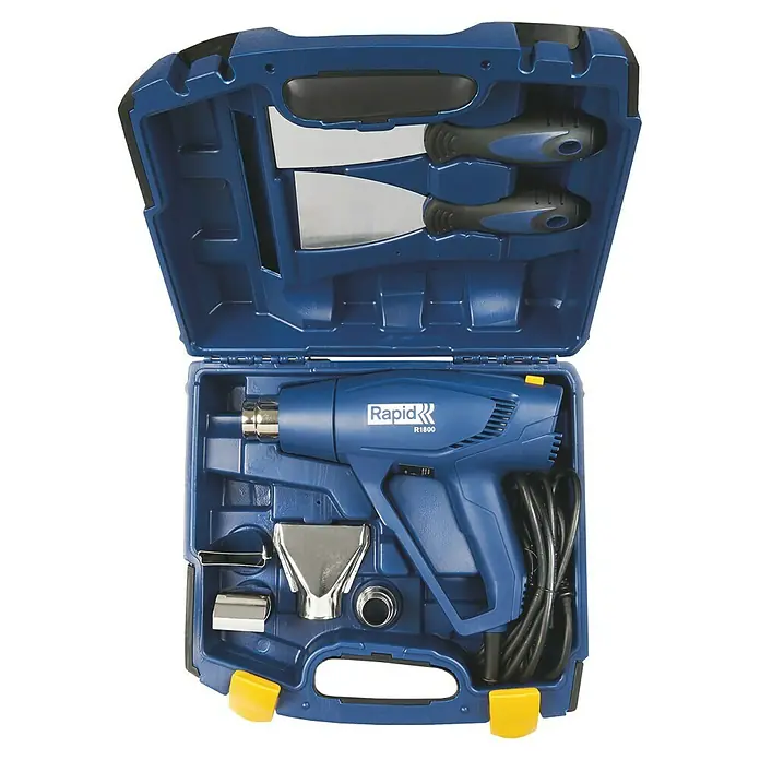 Rapid Heißluftgebläse R1800 - 1.800 W, Temperaturbereich: 300 °C - 550 °C - Ein blauer Rapid R1800 Heißluftfön-Bausatz, komplett mit Zubehör, ordentlich in einem blauen Kunststoffkoffer verpackt.