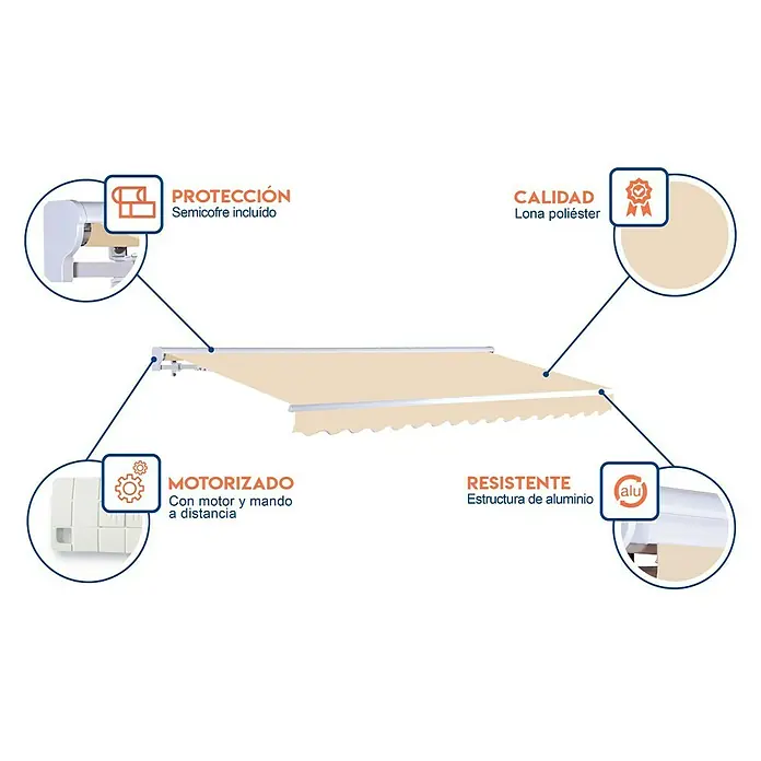 SmartSun Toldo con motor Vivant - Beige arena, Ancho: 4,75 m, Caída: 3 m - Vista de un toldo con descripciones de sus características, como protección, motorización, calidad y resistencia.