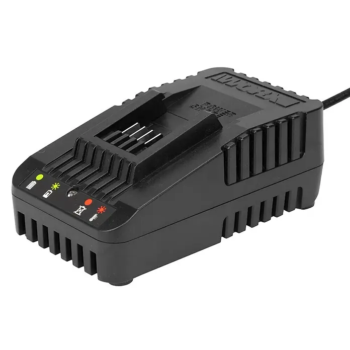 Worx PowerShare 20V Schnellladegerät WA3880 - Passend für: Worx Akku-Geräte 20 V - Abbildung eines schwarzen WORX Akkuladegeräts mit Kontrollleuchten, die den Ladestatus anzeigen.