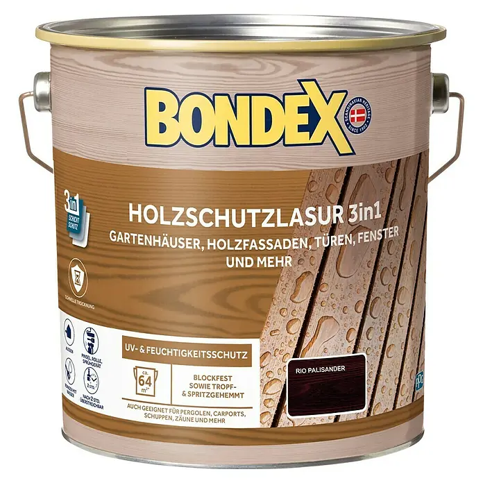 Bondex Holzlasur 3in1 - Rio-Palisander, 4 l, Seidenmatt - Ein Eimer Bondex Holzschutzlasur 3in1, ein Holzschutz für Gartenhäuser, Holzfassaden, Türen und Fenster, in der Farbe Rio Palisander.
