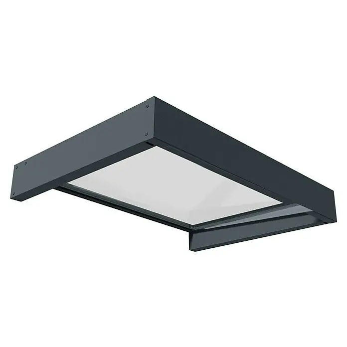 Palram – Canopia Pultvordach Sophia - 120 x 80 x 17 cm, Anthrazitgrau, Farbe Dach: Klar - Nahaufnahme einer modernen Dachfensterkonstruktion mit elegantem, anthrazitfarbenem Rahmen und hellem, rechteckigem Glaselement.