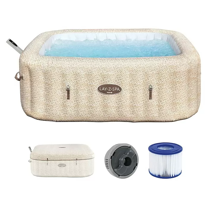 Bestway Lay-Z-Spa Mobil-Whirlpool Rome Air Jet - L x B x H: 201 x 201 x 71 cm, Beige, 1.180 l - Beige gemusterter aufblasbarer Whirlpool mit sprudelndem Wasser, Abdeckung, ChemConnect Spender und Filterkartusche.