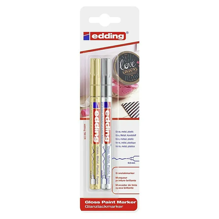 Edding Lackmarker 780 - Gold/Silber, 0,8 mm - Edding 780 CR Glanzlackmarker-Set in Gold und Silber, ideal für Glas, Metall, Kunststoff und Papier, mit einer Strichstärke von 0,8 mm.