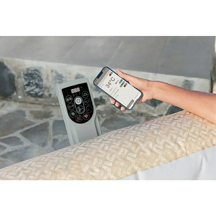 Bestway Lay-Z-Spa Mobil-Whirlpool Rome Air Jet - L x B x H: 180 x 180 x 71 cm, Beige, 840 l - Ein Mobiltelefon und eine Steuerungseinheit, mit der der Temperatur eines Lay-Z-Spas reguliert wird.