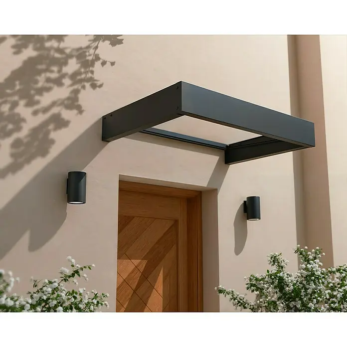 Palram – Canopia Pultvordach Sophia - 120 x 80 x 17 cm, Anthrazitgrau, Farbe Dach: Klar - Moderne Haustürvordach mit minimalistischem Design und Wandleuchten. Es schützt vor Witterungseinflüssen und verleiht der Fassade Eleganz.