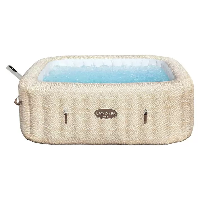 Bestway Lay-Z-Spa Mobil-Whirlpool Rome Air Jet - L x B x H: 201 x 201 x 71 cm, Beige, 1.180 l - Cremefarbener, gemusterter aufblasbarer Whirlpool mit blubberndem blauem Wasser, Bedienfeld und Lay-Z-Spa Logo.