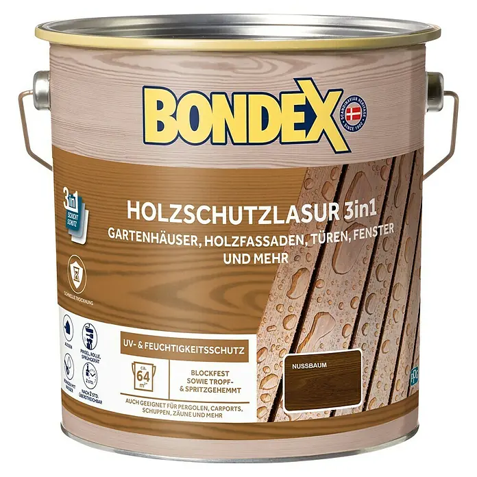 Bondex Holzlasur 3in1 - Nussbaum, 4 l, Seidenmatt - Dose Bondex Holzschutzlasur 3in1 Nussbaum. Für Gartenhäuser, Holzfassaden, Türen, Fenster und mehr. Mit UV- und Feuchtigkeitsschutz.