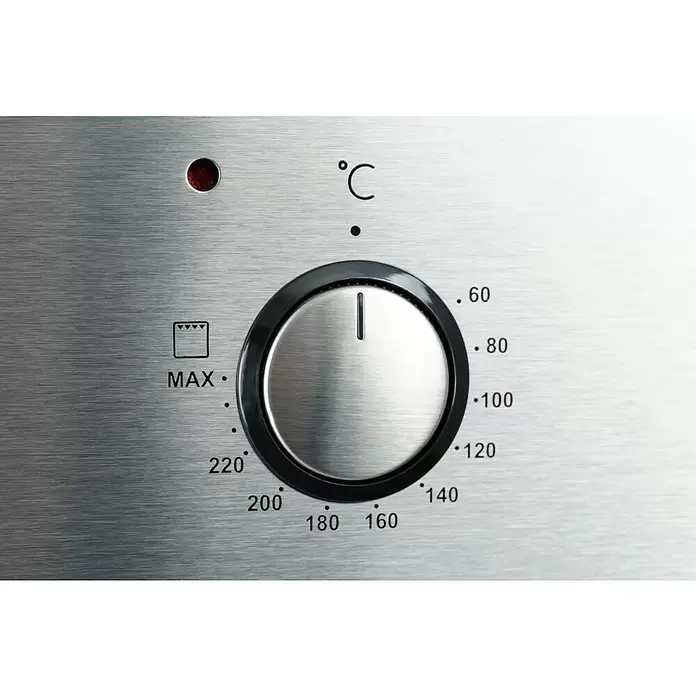 Respekta Einbaubackofen Jim - Anzahl Beheizungsarten: 10 Stk., Volumen Backofen: 72 l - Edelstahl-Ofenbedienfeld mit schwarzem Temperaturregler, auf 160°C eingestellt. Mit Grillfunktion, MAX-Einstellung und roter Kontrollleuchte.