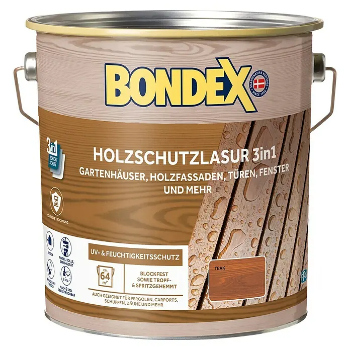 Bondex Holzlasur 3in1 - Teak, 4 l, Seidenmatt - Holzbeschichtung Bondex Holzschutzlasur 3in1 Teak für Gartenhäuser, Holfassaden, Türen und Fenster bietet UV- & Feuchtigkeitsschutz.