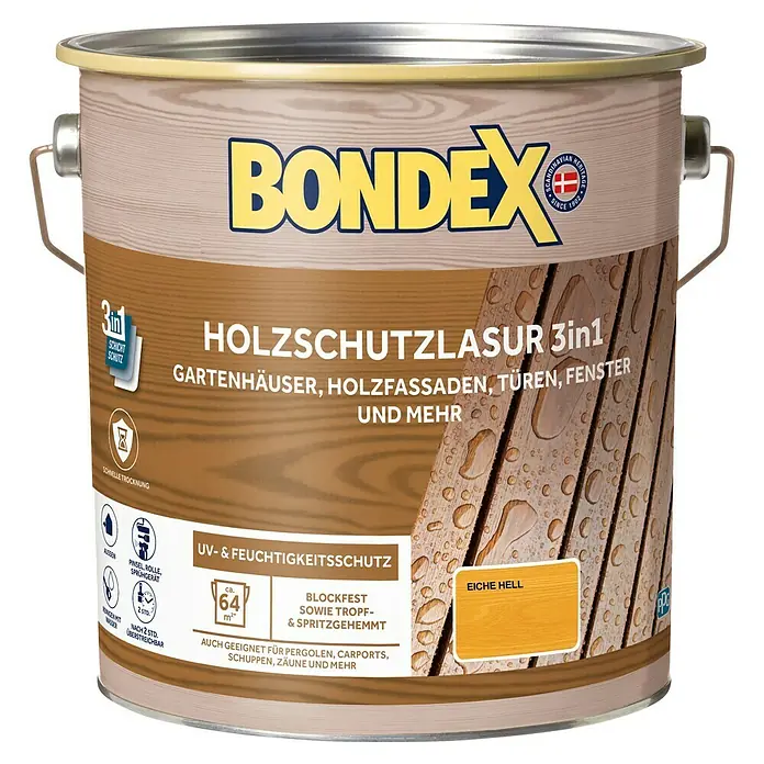 Bondex Holzlasur 3in1 - Eiche Hell, 4 l, Seidenmatt - Ein Eimer Bondex Holzschutzlasur 3in1, geeignet für Gartenhäuser, Holzfassaden, Türen, Fenster und mehr. Farbe: Eiche hell.