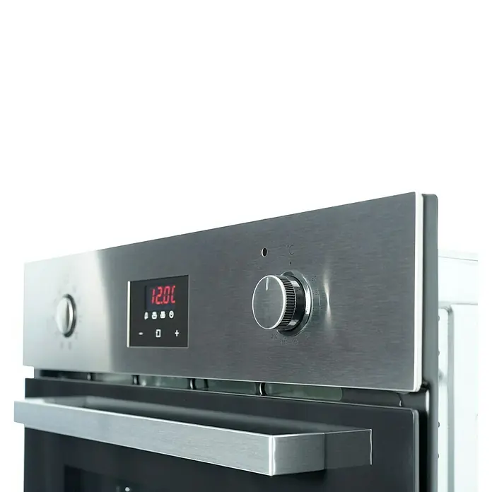 Respekta Einbaubackofen Jim - Anzahl Beheizungsarten: 10 Stk., Volumen Backofen: 72 l - Detailaufnahme eines Edelstahl-Backofens mit Temperaturregler und digitaler Anzeige.