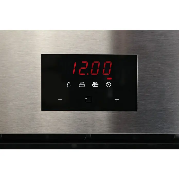 Respekta Einbaubackofen Jim - Anzahl Beheizungsarten: 10 Stk., Volumen Backofen: 72 l - Nahaufnahme eines modernen Backofens mit digitaler Anzeige, die 12:00 Uhr anzeigt und verschiedene Kochfunktionen und Bedienelemente hervorhebt.
