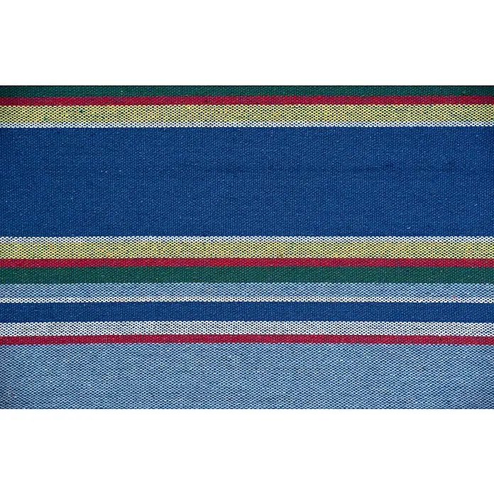Amazonas Hängesessel Palau Ocean - L x B x H: 98 x 120 x 50 cm, Blau - Detailaufnahme eines gestreiften Stoffes mit blauem Hintergrund und bunten Akzenten, ideal für Textilien und Designprojekte.