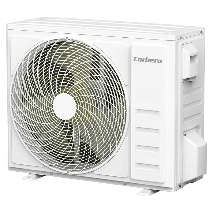 Corberó Aire acondicionado por conductos CCD30BORA - 8.800 W, 9.380 W, 60 m², Negro - Primer plano de una unidad exterior blanca de aire acondicionado Corberó, que muestra la rejilla del ventilador. La unidad tiene un diseño limpio y moderno.