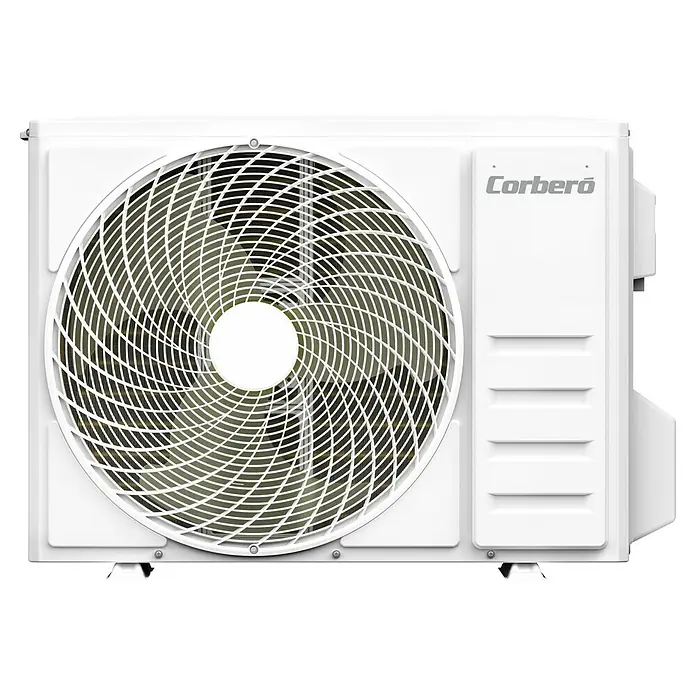 Corberó Aire acondicionado por conductos CCD18BORA - 5.300 W, 5.800 W, 35 m², Negro - Primer plano de una unidad exterior de aire acondicionado Corberó con una rejilla del ventilador y el logo de Corberó.