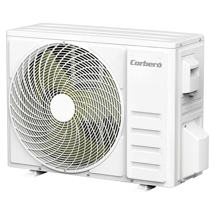 Corberó Aire acondicionado por conductos CCD18BORA - 5.300 W, 5.800 W, 35 m², Negro - Primer plano de una unidad exterior de aire acondicionado blanca de Corberó. Ideal para refrigeración en verano.
