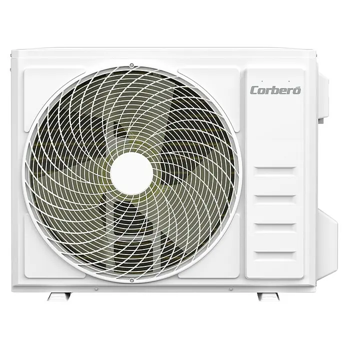 Corberó Aire acondicionado por conductos CCD30BORA - 8.800 W, 9.380 W, 60 m², Negro - Primer plano de una unidad exterior de aire acondicionado Corberó que muestra tecnología de refrigeración moderna y diseño elegante.