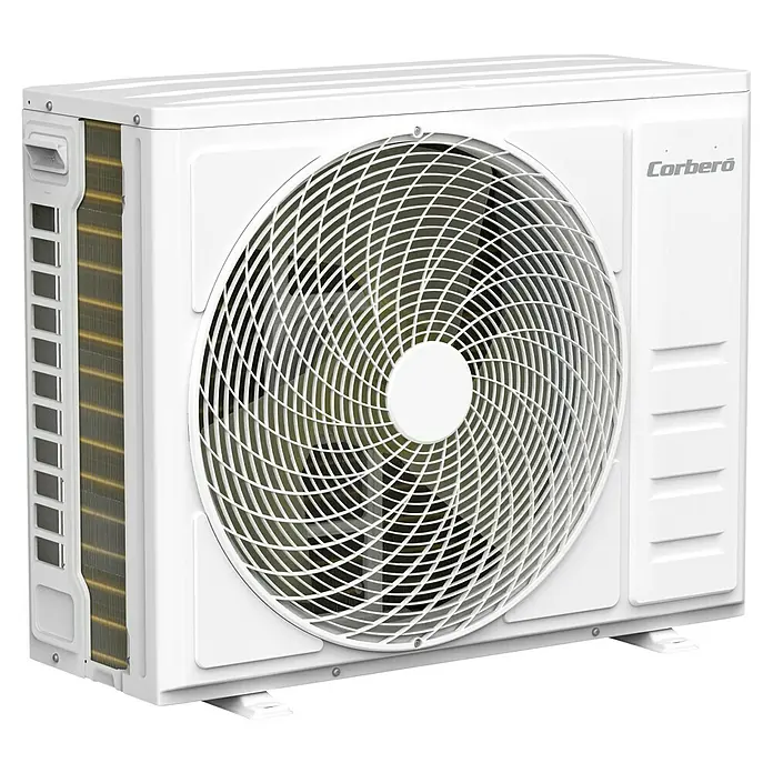 Corberó Aire acondicionado por conductos CCD30BORA - 8.800 W, 9.380 W, 60 m², Negro - Primer plano de una unidad de aire acondicionado exterior Corberó blanca, que combina tecnología de refrigeración moderna y eficiencia.