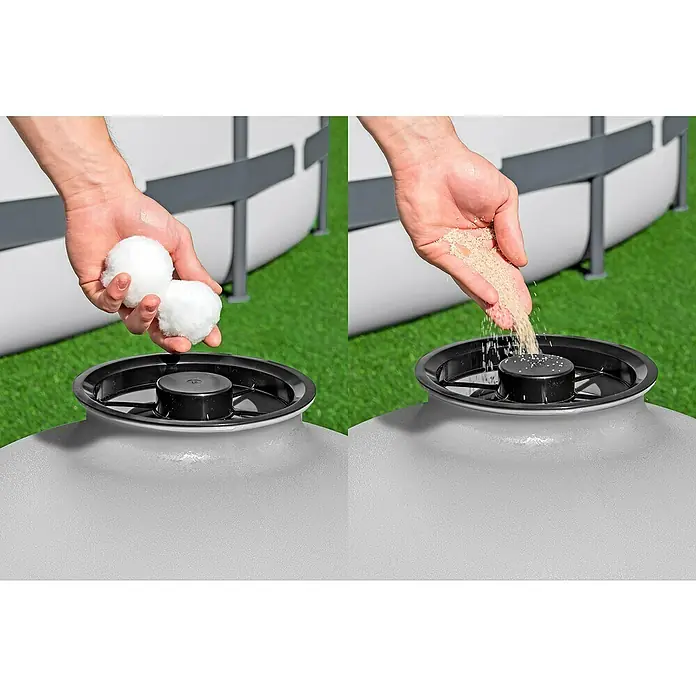 Bestway SandfilteranlageFilterleistung: 7.570 l/h, Passend für Poolgröße: 60.500 l - Darstellung von Filterbällen und Filtersand, die in einen Poolfilter gegeben werden, um das Wasser sauber zu halten.