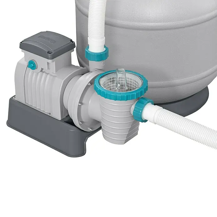 Bestway Sandfilteranlage - Filterleistung: 7.570 l/h, Passend für Poolgröße: 60.500 l - Nahaufnahme einer Bestway-Sandfilterpumpe für Pools, die für sauberes und klares Wasser sorgt.