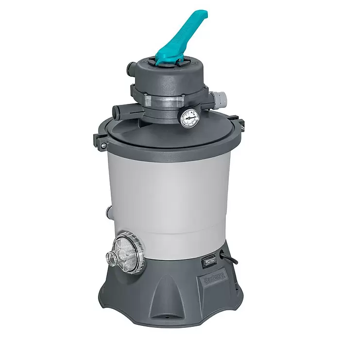 Bestway Sandfilteranlage - Filterleistung: 2.082 l/h, Passend für Poolgröße: 16.600 l - Grauer und hellgrauer Pool-Sandfilter aus Kunststoff mit blauem Mehrwegeventil-Griff, Manometer und transparentem Vorfilterdeckel.