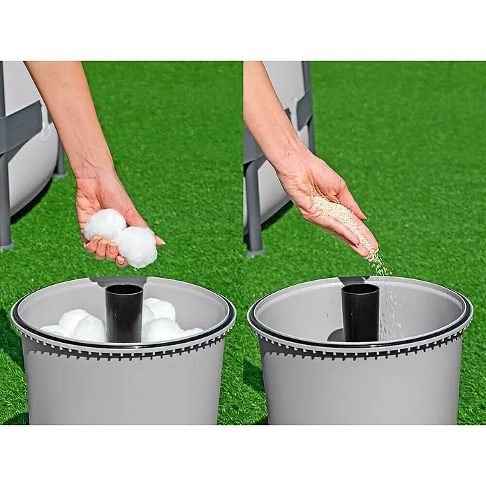 Bestway Sandfilteranlage - Filterleistung: 2.082 l/h, Passend für Poolgröße: 16.600 l - Das Bild zeigt die Bestway Flowclear Polysphere Filterbälle und Filtersand, die in einen Filterbehälter gegeben werden.