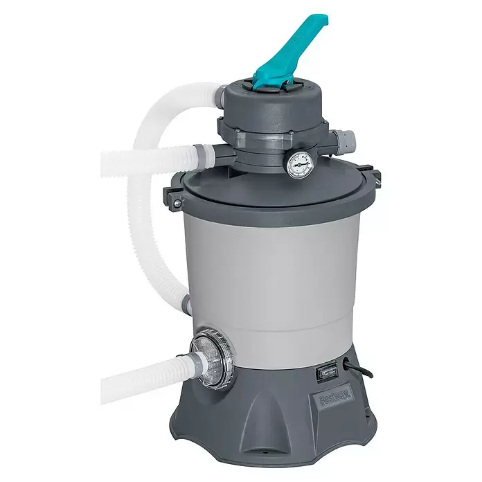 Bestway Sandfilteranlage - Filterleistung: 2.082 l/h, Passend für Poolgröße: 16.600 l - Eine grau-hellgraue Sandfilterpumpe mit weißen Schläuchen, blauem Griff und Manometer zur Poolfiltration.