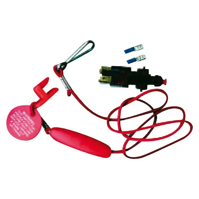 Interruptor de protección Hombre al Agua - Apto para: Embarcaciones a motor - Un cordón de seguridad rojo con una etiqueta redonda y mango rojo, acompañado de un enchufe negro con conectores azules.