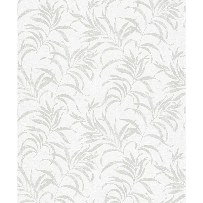 Papel pintado Hojas - Plateado, 10 x 0,53 m - Delicado patrón de papel tapiz con elegantes hojas de color gris plateado sobre un fondo blanco, creando un ambiente sereno y elegante.