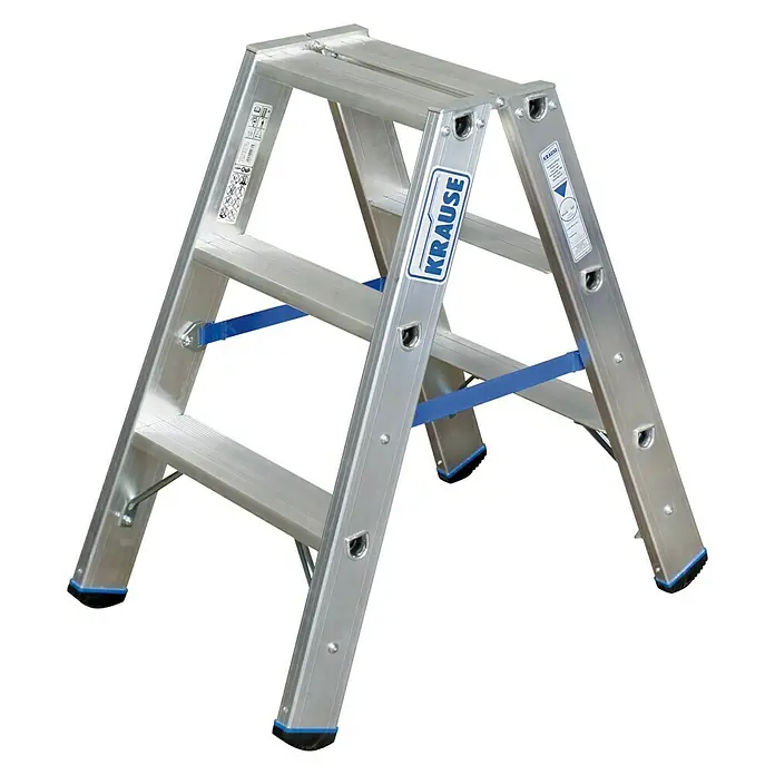 Krause Stabilo Doppelleiter - Anzahl Tritte: 6 Stk., Arbeitshöhe: 2,25 m, Aluminium - Krause Klapptritt mit zwei Stufen und blauem Sicherheitsbügel. Ideal für den Haushalt und kleine Reparaturen.