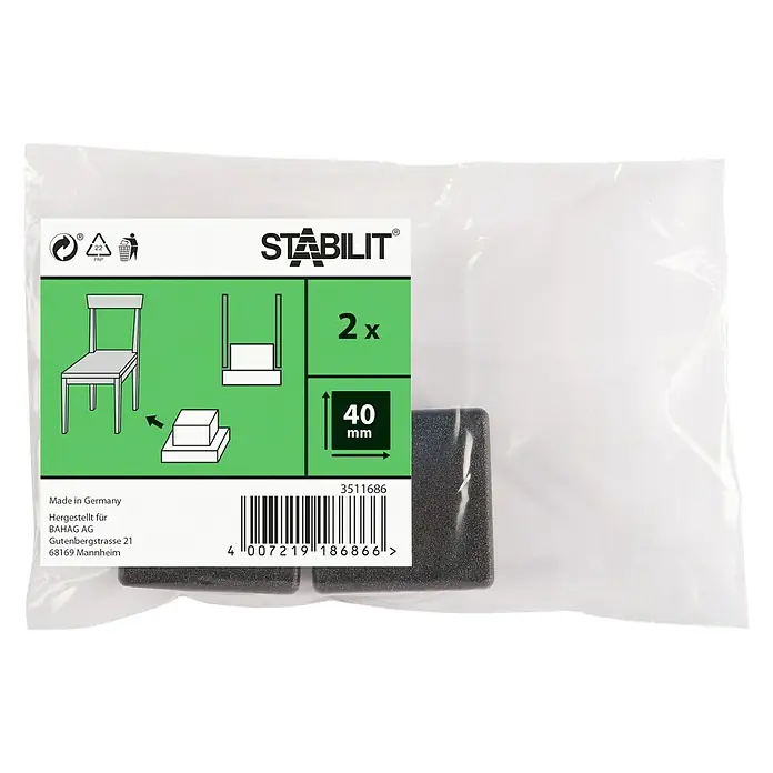 Stabilit Steckgleiter - 40 x 40 mm, Stecken, Schwarz, 2 Stk. - Bild einer Packung Stabilit Möbelgleiter, 2 Stück, 40 mm, für Möbelbeine zum Schutz des Bodens vor Kratzern und Beschädigungen.