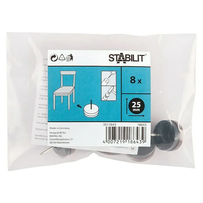 Stabilit Plastik-Gleiter - 25 mm, 8 Stk., Braun, Mit Stift - Die Packung STABILIT Möbelgleiter mit Filzgleitfläche und Nagelbefestigung. Ideal für den Schutz empfindlicher Böden vor Kratzern.